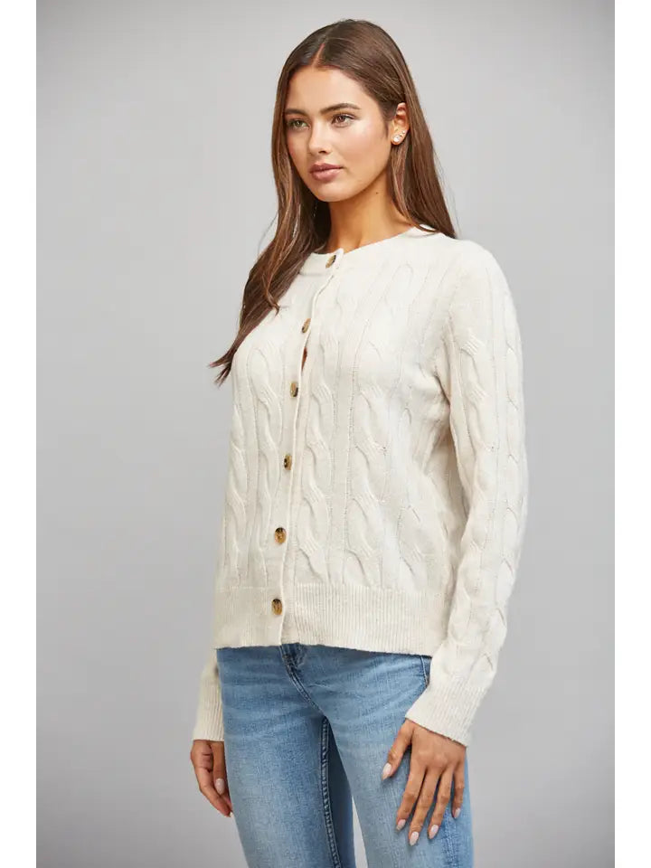 Classic Crew Neck Cable Knit Button-Up Cardigan