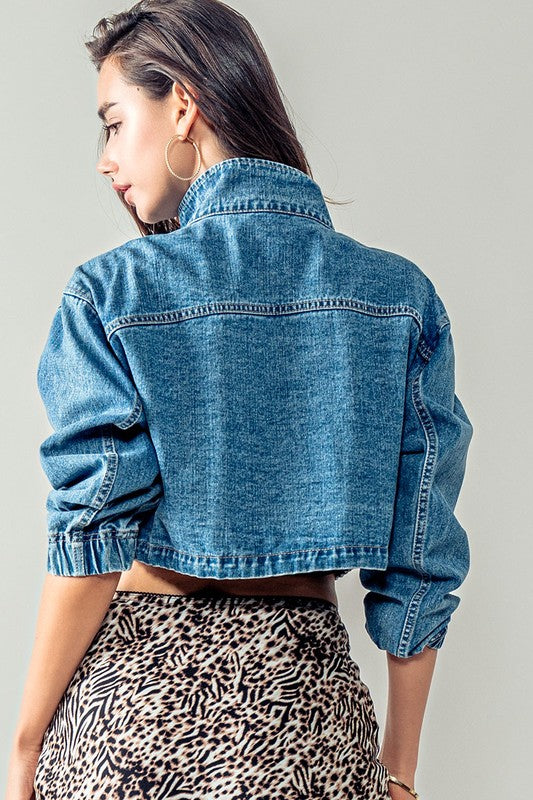 Cropped Drawstring Denim Jacket