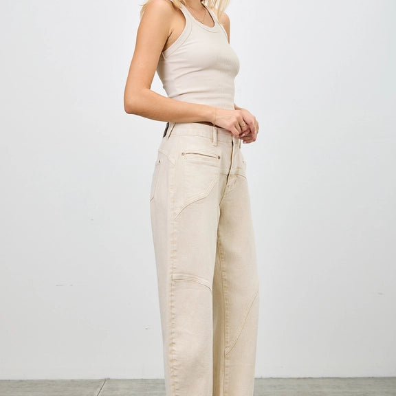 Sand Acid Wash High-Rise Western Barrel Jeans