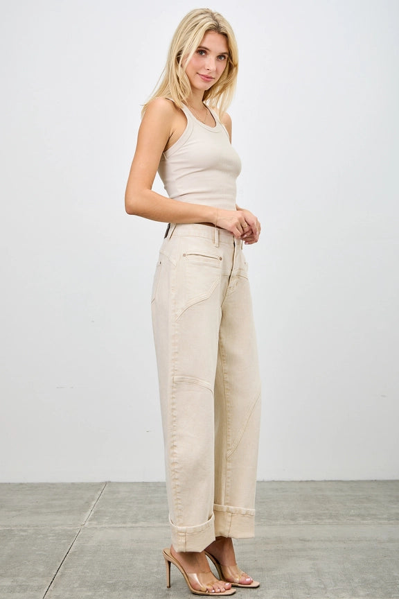 Sand Acid Wash High-Rise Western Barrel Jeans
