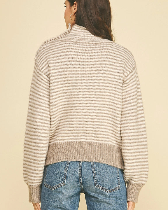 Pinch Striped Button-Shoulder Mock Neck Knit Sweater