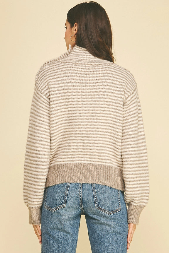 Pinch Striped Button-Shoulder Mock Neck Knit Sweater