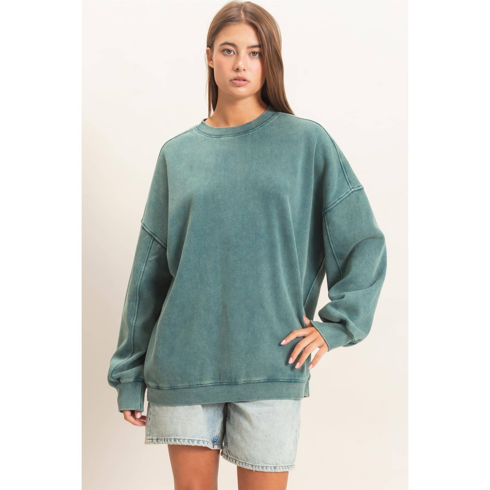 Acid Wash Crew Neck Long Sleeve Sweatshirt