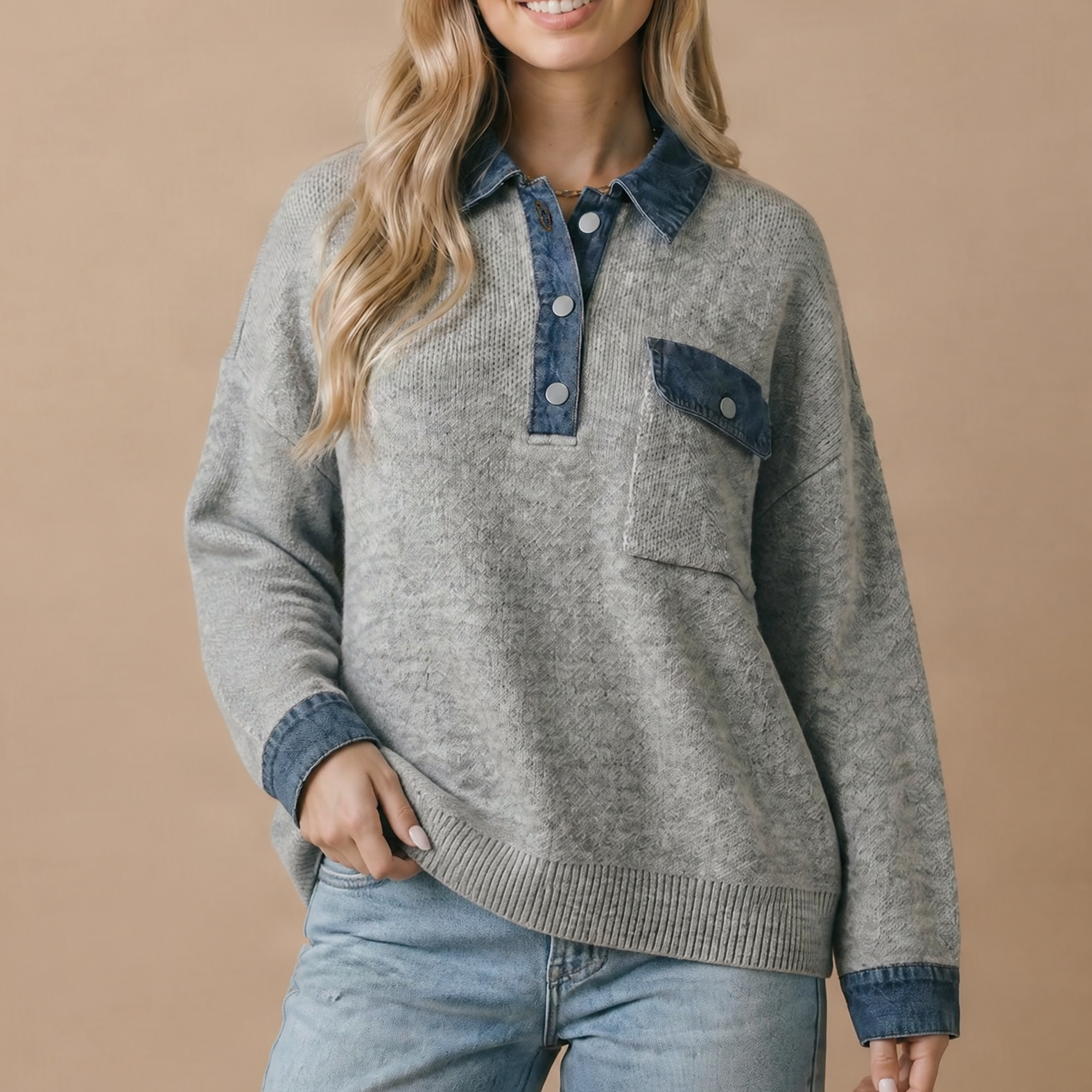 Contrast Denim Collar Textured Knit Oversized Pullover