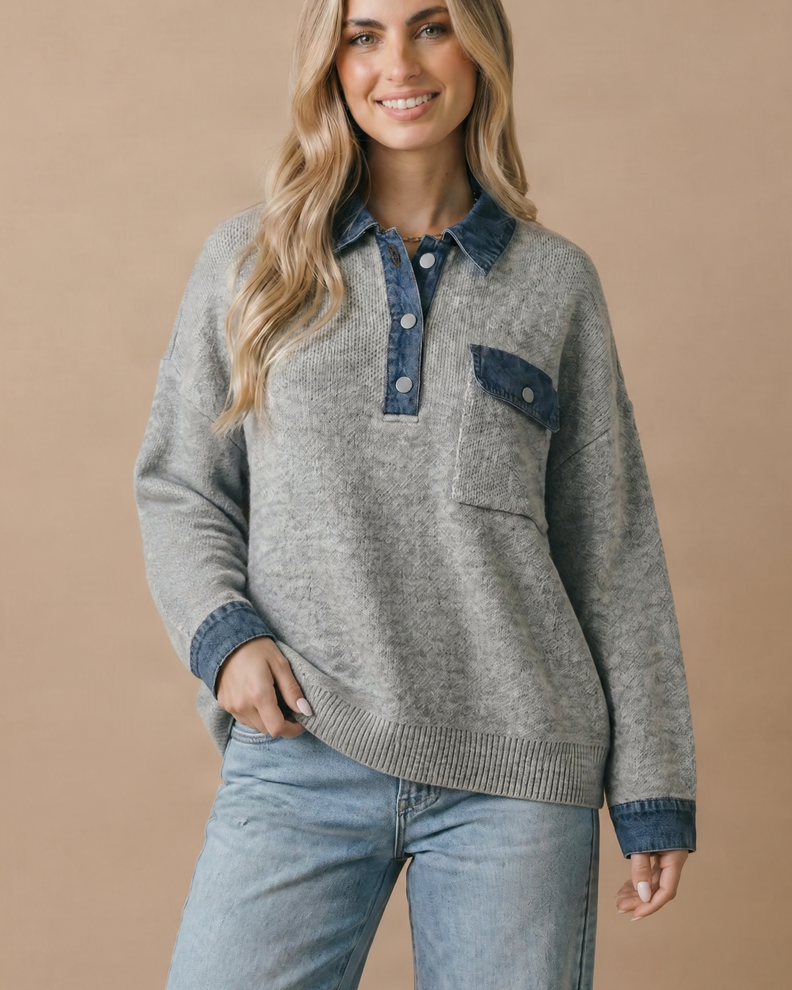 Contrast Denim Collar Textured Knit Oversized Pullover