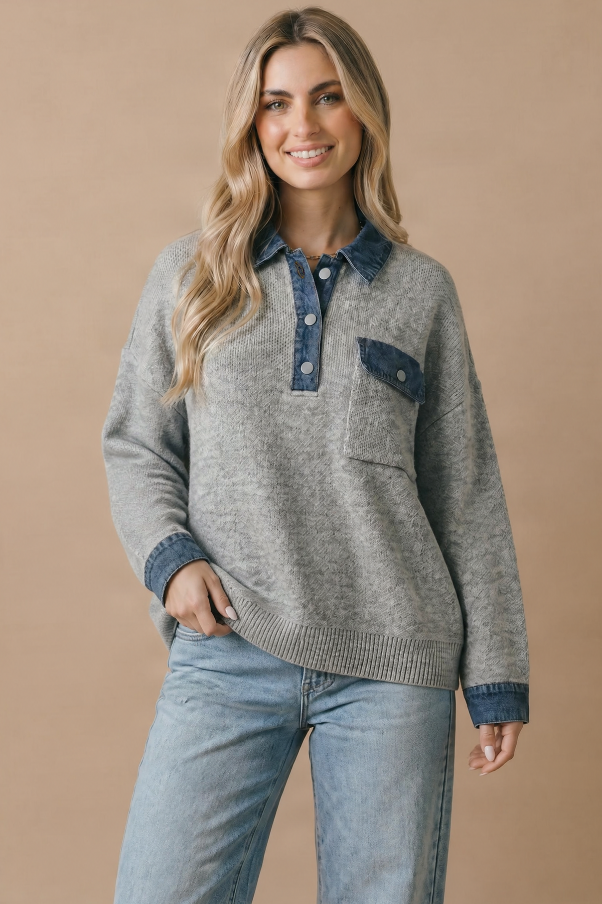 Contrast Denim Collar Textured Knit Oversized Pullover
