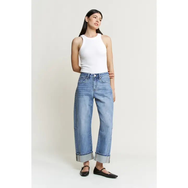 High Rise Barrel-Leg Detailing Cuffed Hem