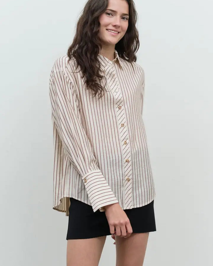 Blu Pepper Stripe Collared Back Button Detail Long Sleeve Top - Khaki