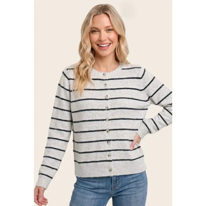 Staccato Parisian Chic Double Striped Crew Neck Cardigan