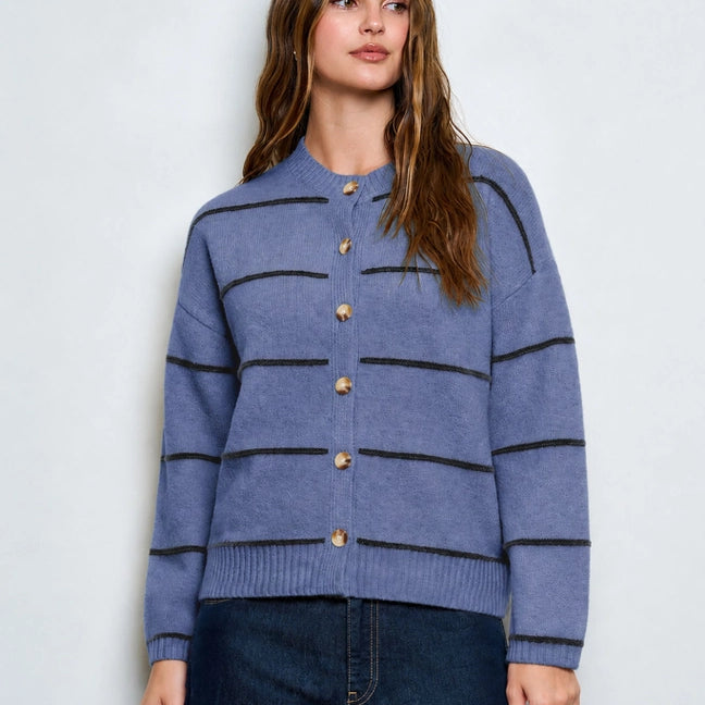 Effortless Thin Stripe Round Neck Relaxed Cardigan