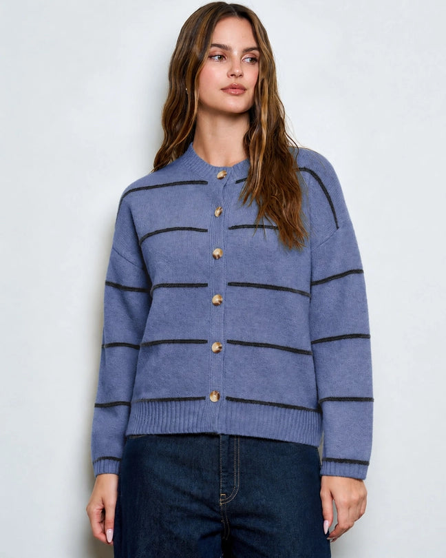 Effortless Thin Stripe Round Neck Relaxed Cardigan