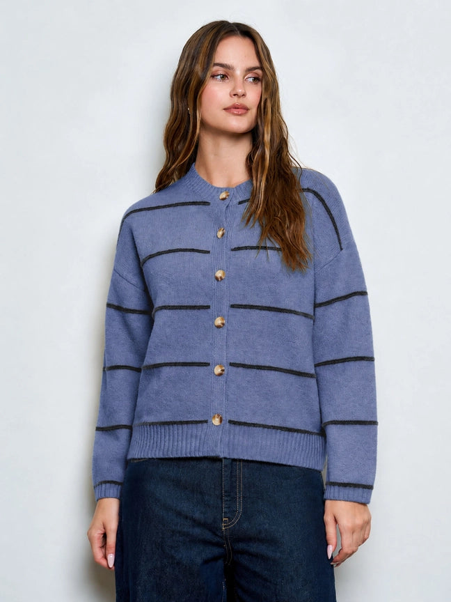Effortless Thin Stripe Round Neck Relaxed Cardigan