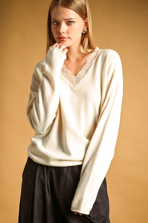 Eyelash Lace Trim Oversized V-Neck Knit Pullover