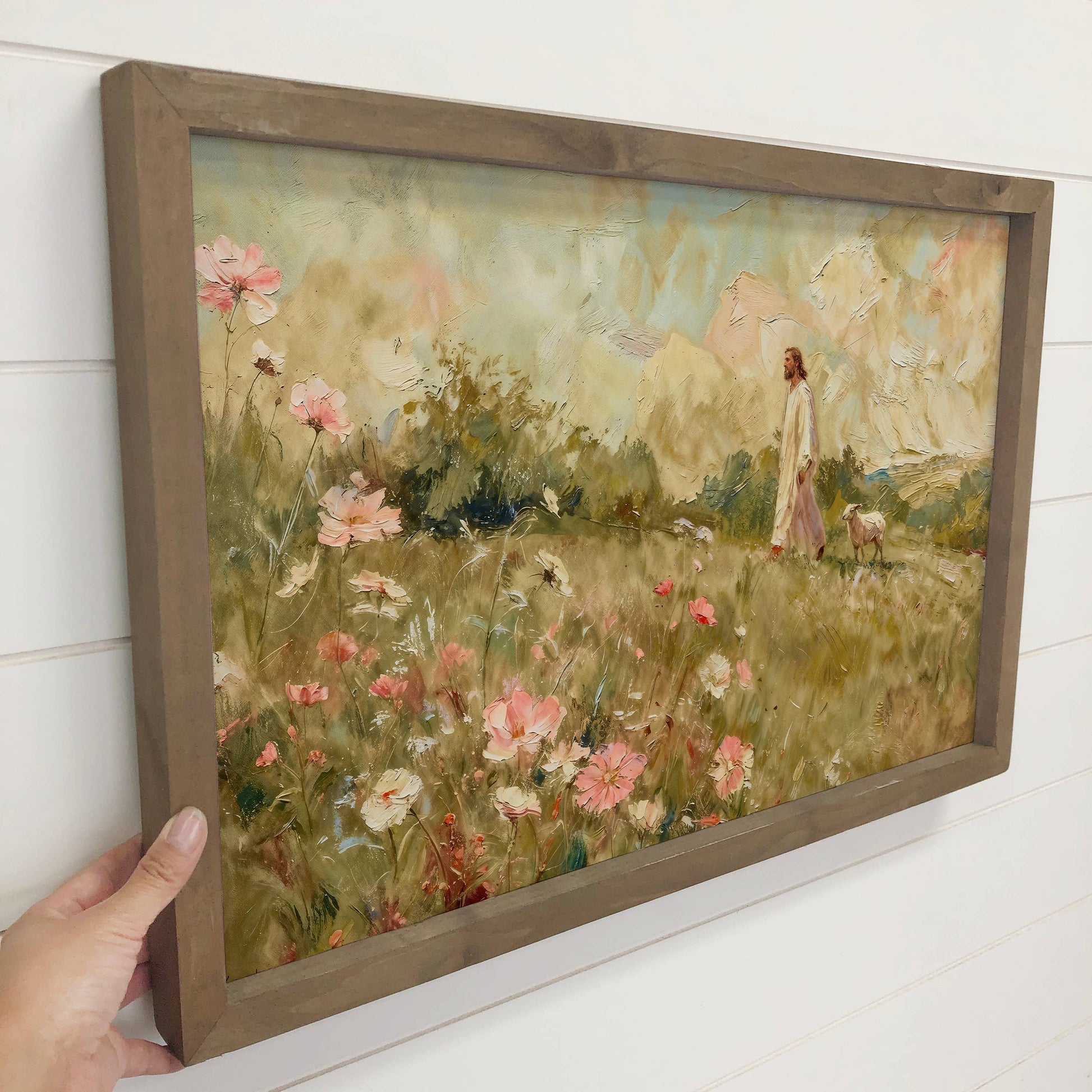 Lamb Following Jesus Wildflowers - Cottage Living Room Art