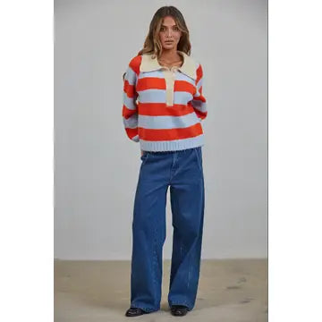 Royce Striped Polo Color Block Henley Sweater