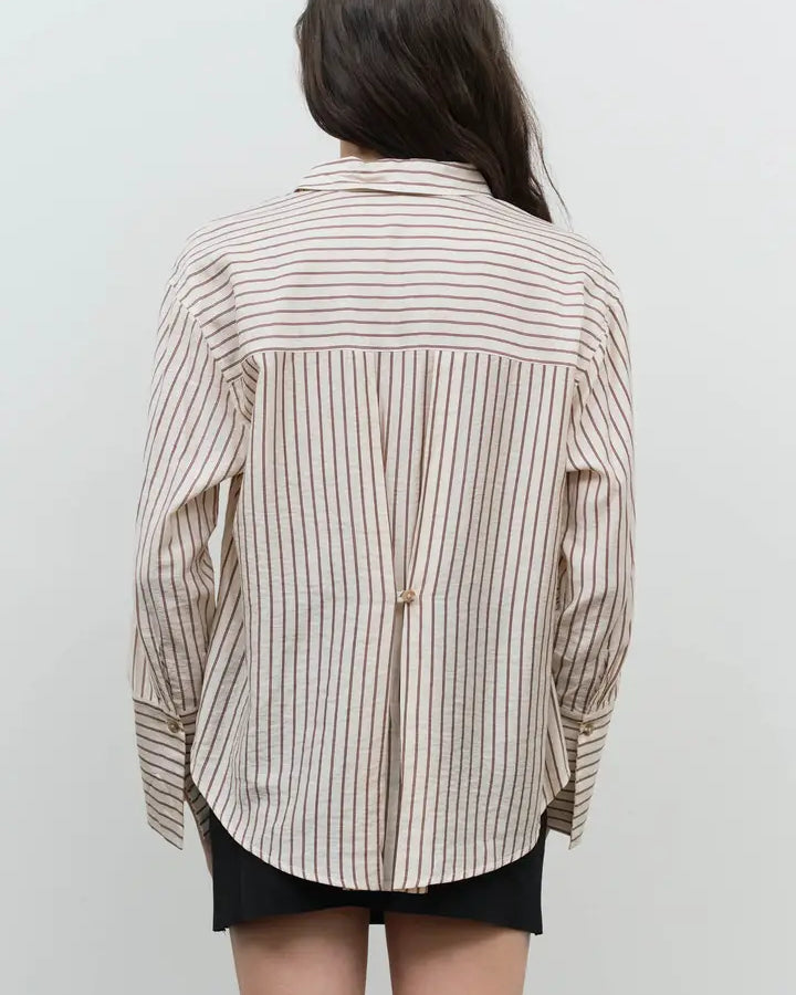 Blu Pepper Stripe Collared Back Button Detail Long Sleeve Top - Khaki