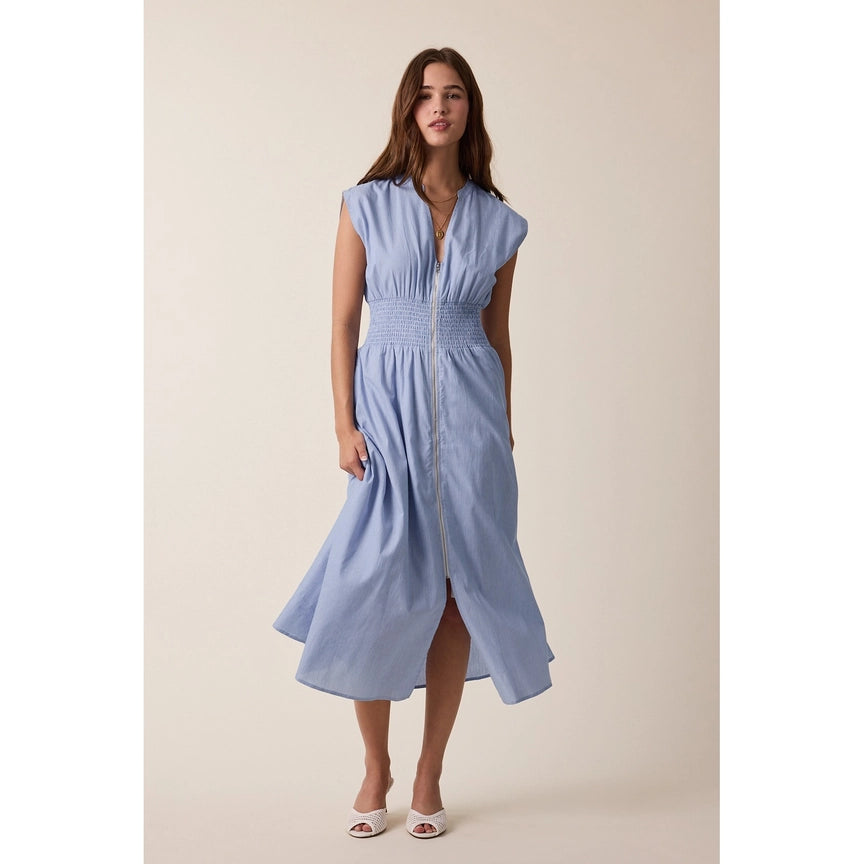 Aria Striped Front Zip Cotton Midi Dress