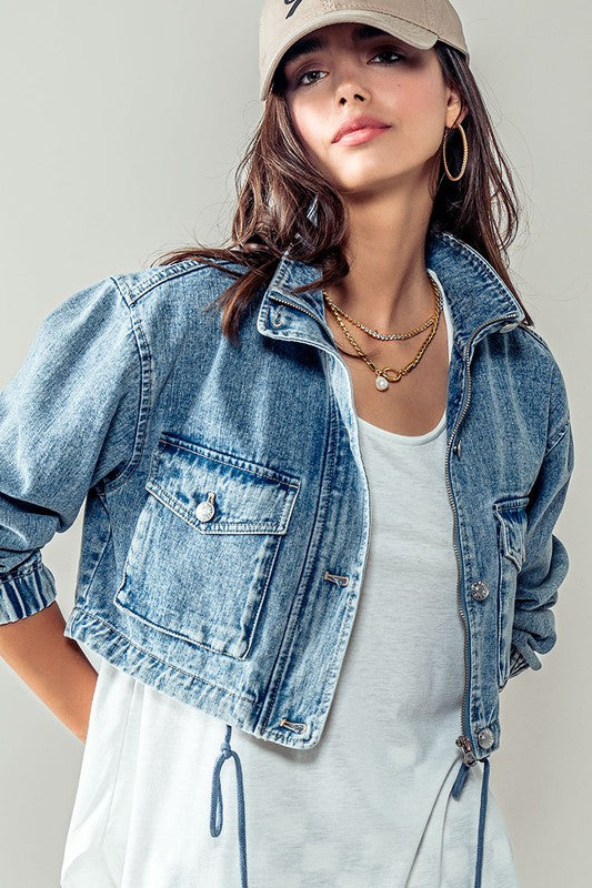 Cropped Drawstring Denim Jacket