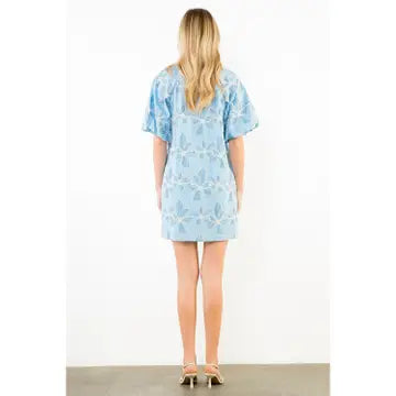 Embroidered Cotton Puff Sleeve Mini Dress with Ruffle Collar