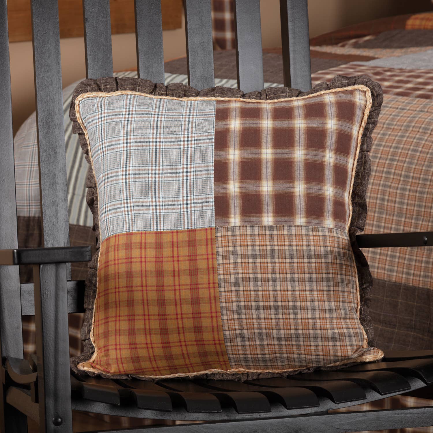 Heritage Brown Patchwork Quilted Throw Pillow 18x18 Cotton