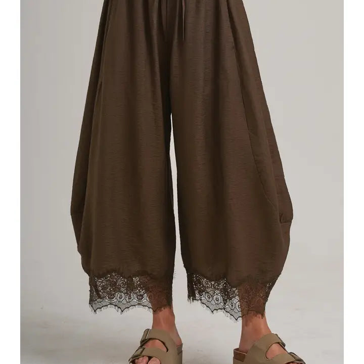 Boho Lace-Trimmed Wide Balloon Leg Pants