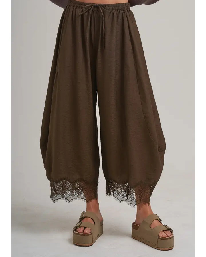 Boho Lace-Trimmed Wide Balloon Leg Pants