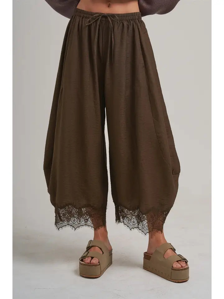 Boho Lace-Trimmed Wide Balloon Leg Pants
