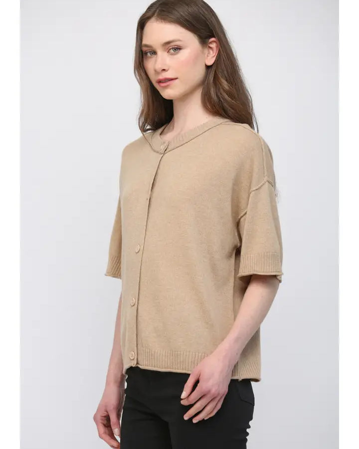 Premium Cashmere Blend Short-Sleeve Ribbed Cardigan