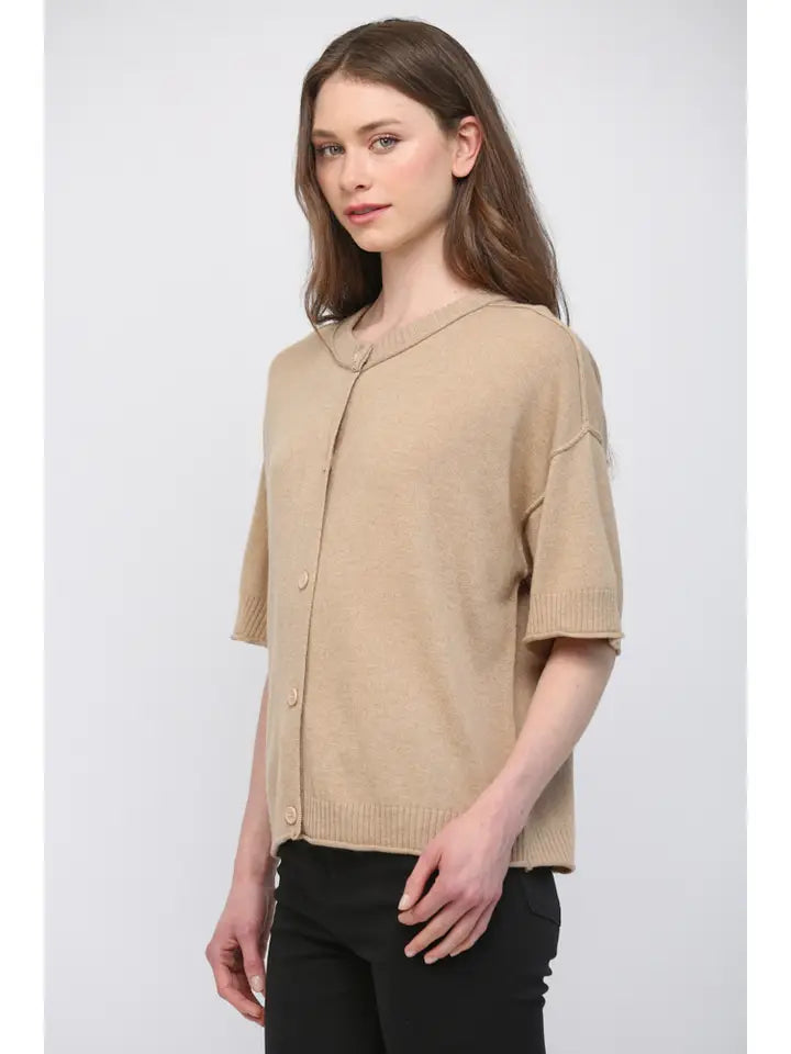 Premium Cashmere Blend Short-Sleeve Ribbed Cardigan