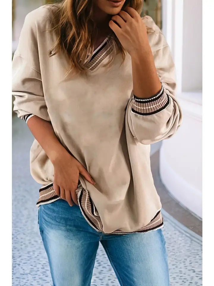 Ldc Varsity Contrast Trim V Neck Sweatshirt