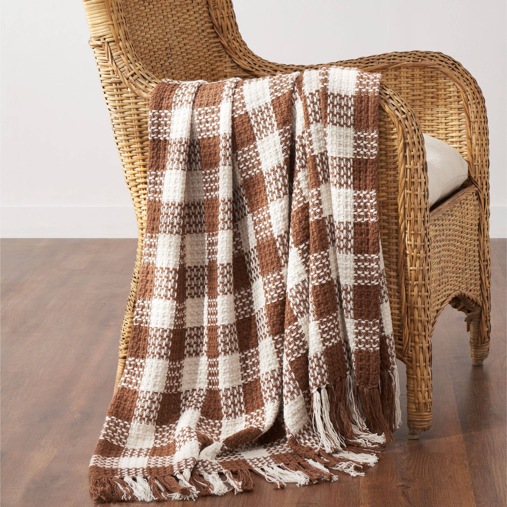Amber Heritage Check Throw Blanket w/ Fringe Fall Decor