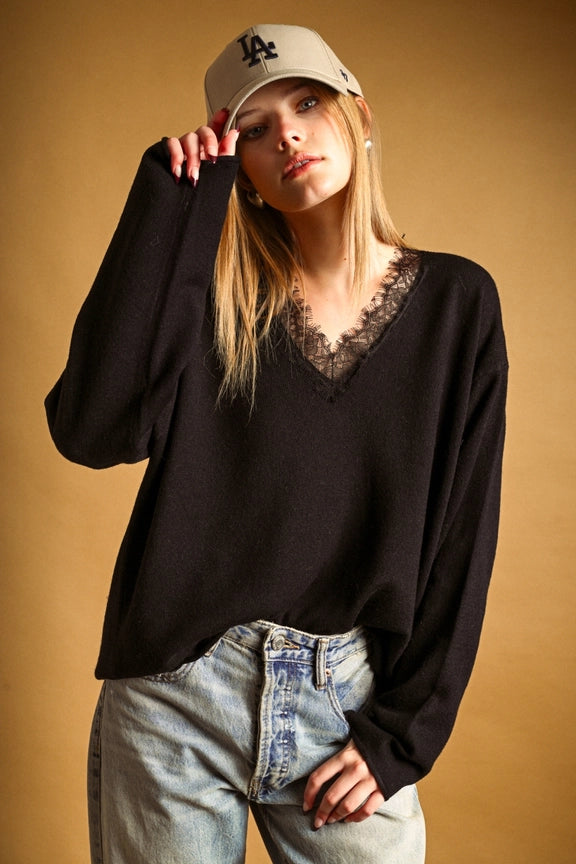 Eyelash Lace Trim Oversized V-Neck Knit Pullover