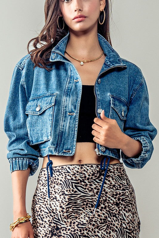 Cropped Drawstring Denim Jacket