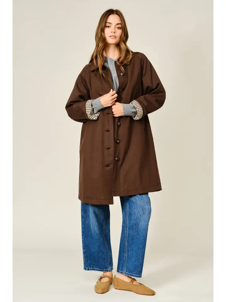 Heritage Canvas Midi Trench Coat with Checked Lining