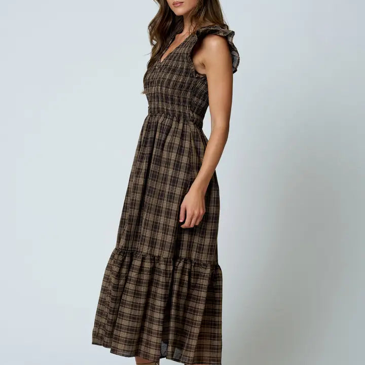 Plaid Smocked V Neck Button Down Ruffled Midi Dres