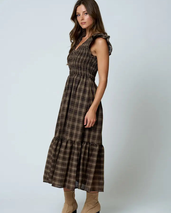 Plaid Smocked V Neck Button Down Ruffled Midi Dres