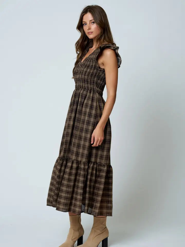 Plaid Smocked V Neck Button Down Ruffled Midi Dres