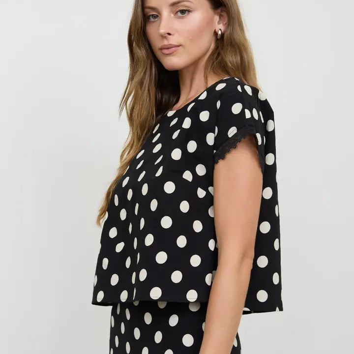 blu pepper polka dot short slve lace top
