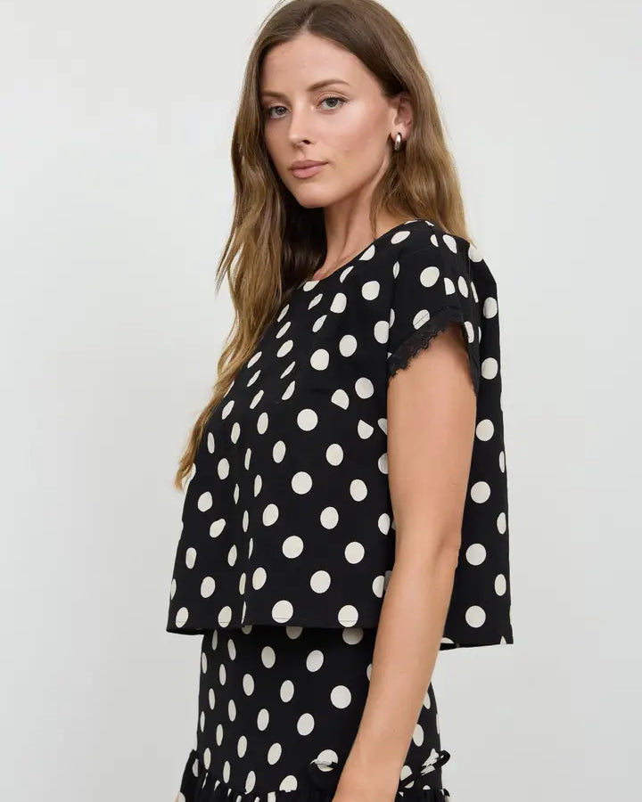 blu pepper polka dot short slve lace top