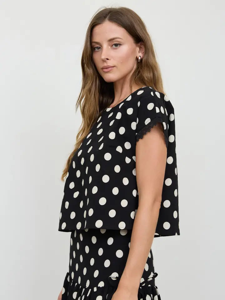 blu pepper polka dot short slve lace top