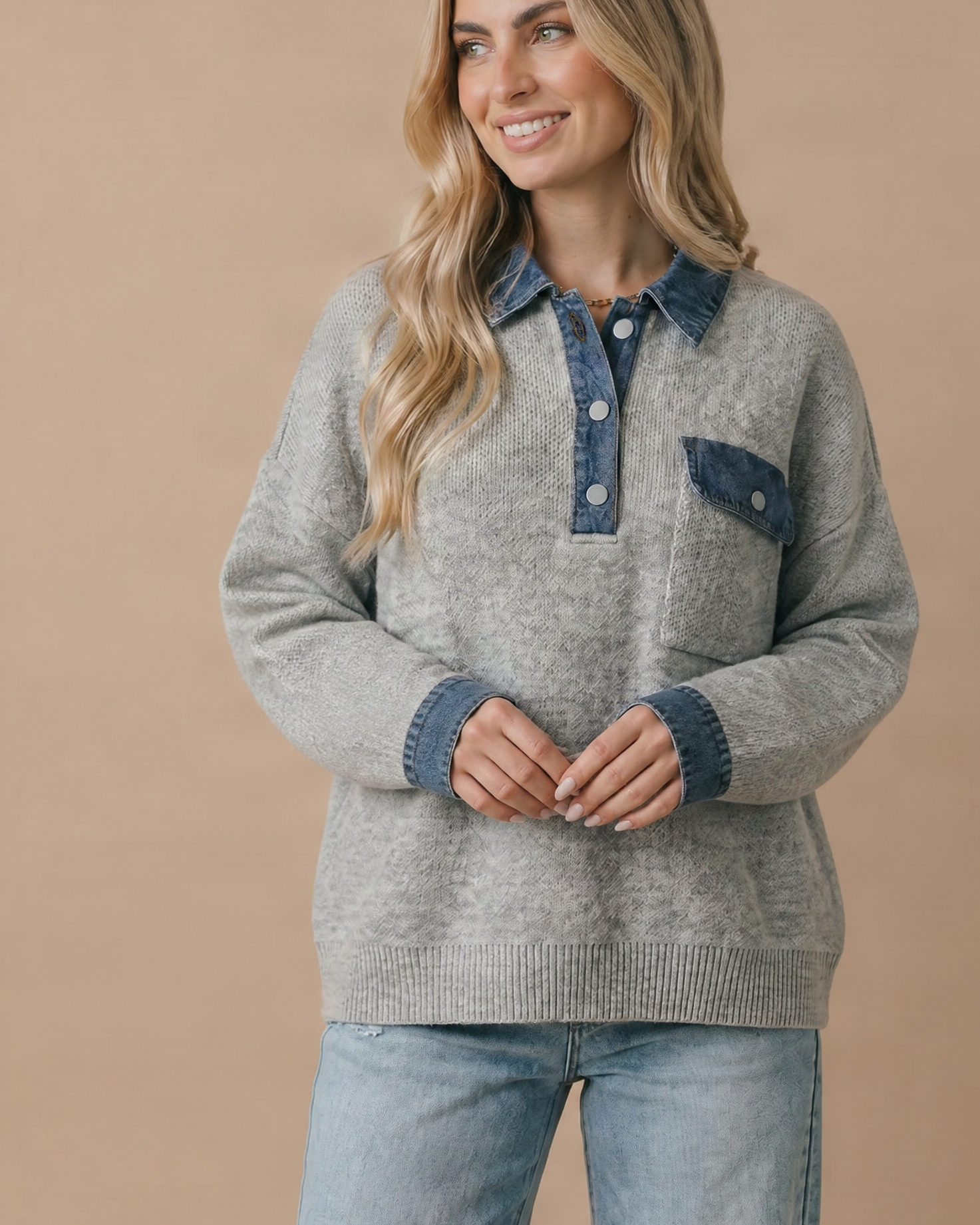 Contrast Denim Collar Textured Knit Oversized Pullover