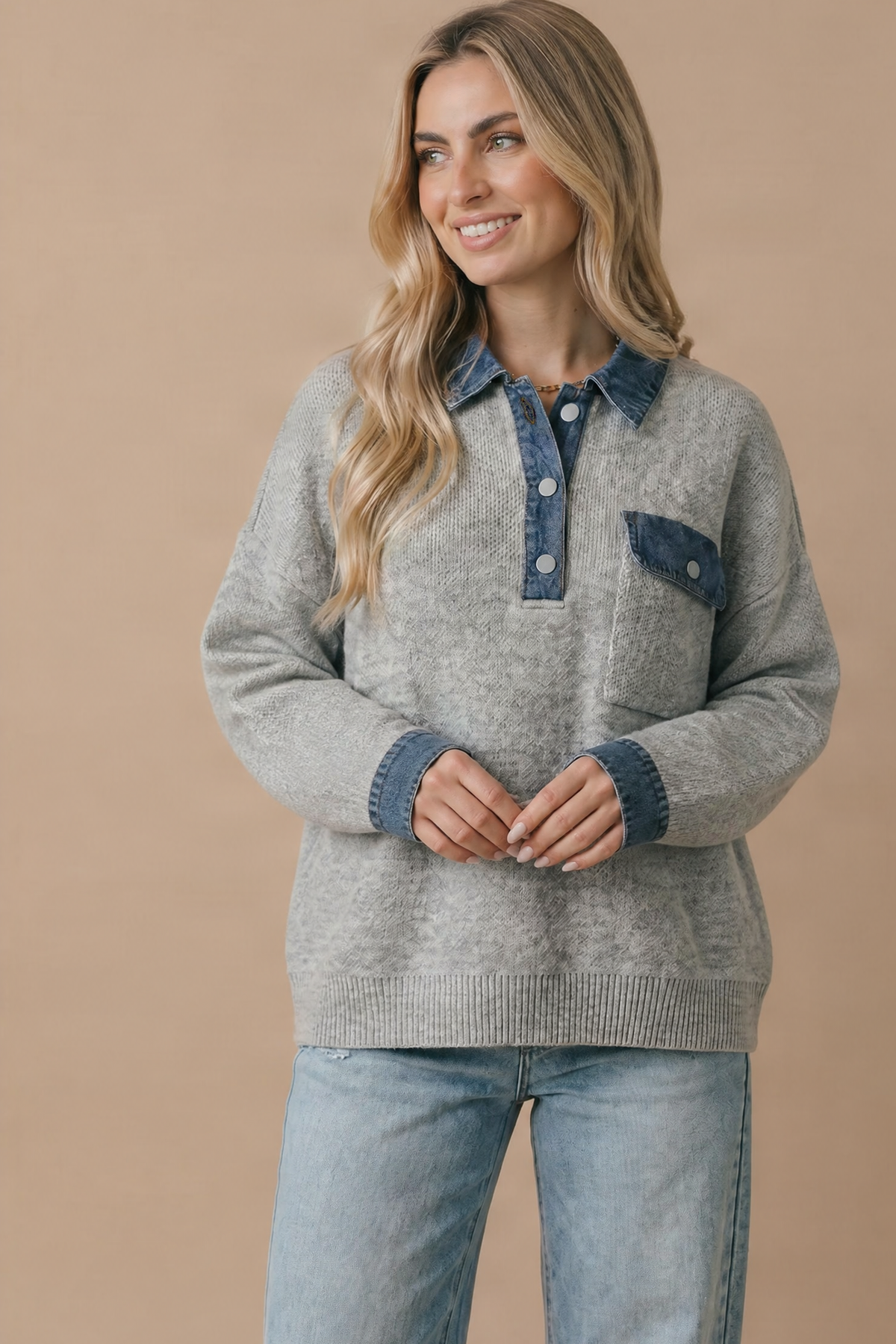 Contrast Denim Collar Textured Knit Oversized Pullover