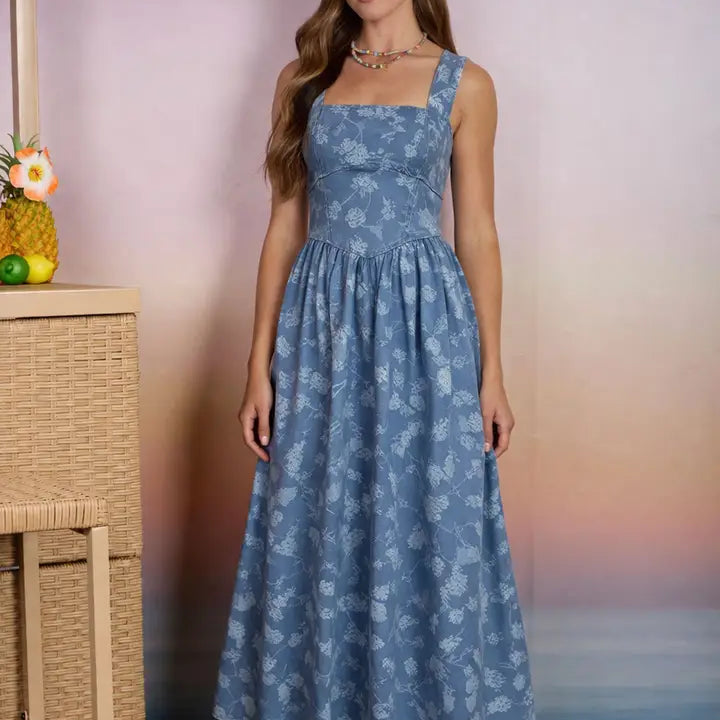 Floral Jacquard Corset Denim Midi Dress
