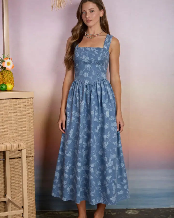 Floral Jacquard Corset Denim Midi Dress