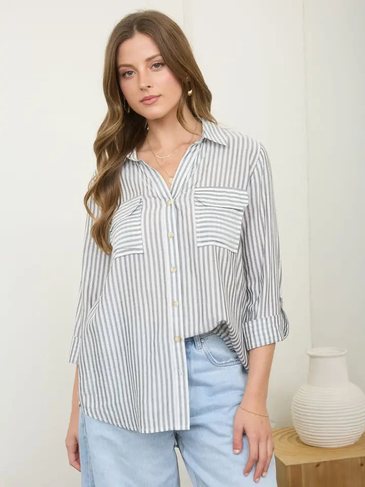 Stripe Collared Button Down Lightweight Shirt