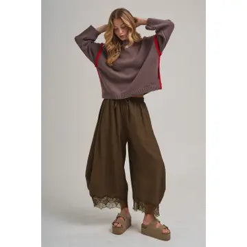 Boho Lace-Trimmed Wide Balloon Leg Pants