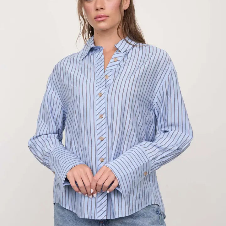 Blu Pepper Stripe Collared Back Button Detail Long Sleeve Top - Blue