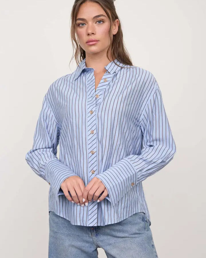 Blu Pepper Stripe Collared Back Button Detail Long Sleeve Top - Blue