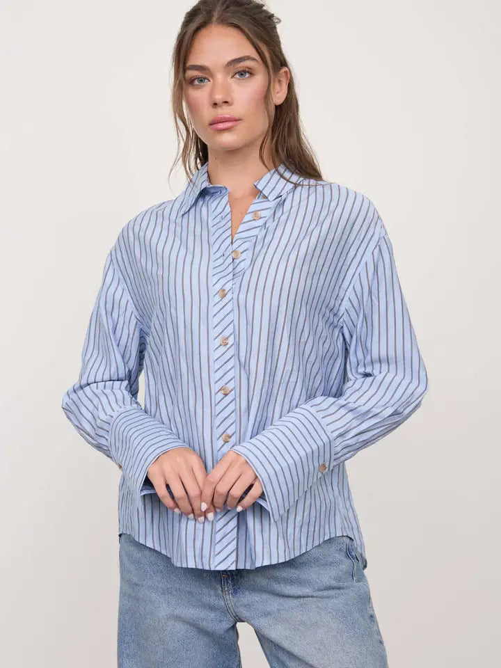 Blu Pepper Stripe Collared Back Button Detail Long Sleeve Top - Blue