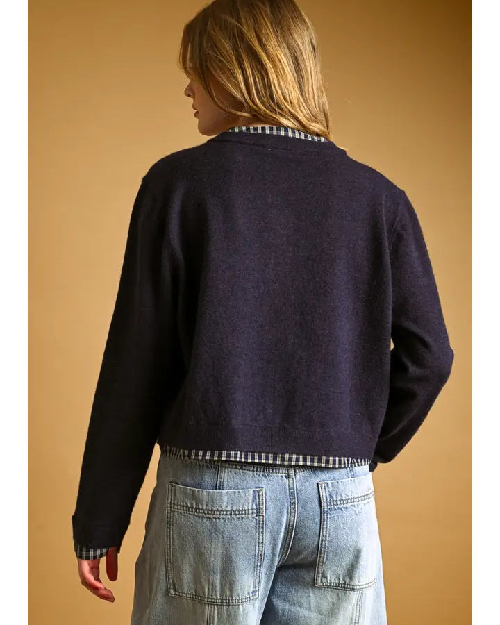 Miou Muse Plaid Contrast Navy Crew Neck Cardigan